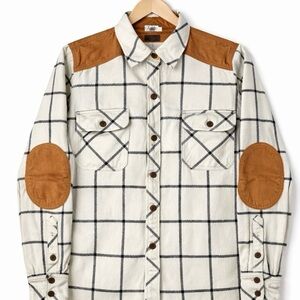 NWOT Faherty Daly Plaid Shirt Jacket Elbow Patches XS Cream Flannel